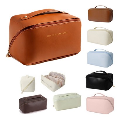 Large-Capacity Portable Wide-Opening Pillow-Shaped Pu Leather Cosmetic Bag
