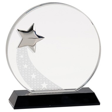 Round Crystal Award w/ Silver Star & Black Pedestal Base (7")