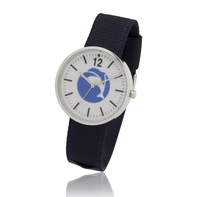 1.55" Round Screen Watch with Polished Chrome Case, Navy Blue Nylon & Leather Straps