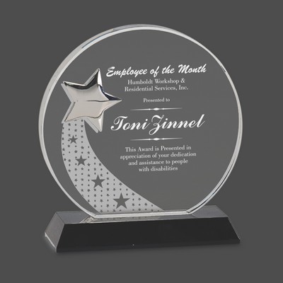 Round Crystal Award w/Silver Star on Black Pedestal Base (6¼")