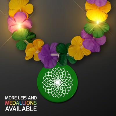 Mardi Gras Lei Light Up Flower Necklace with Green Medallion - PRINTED