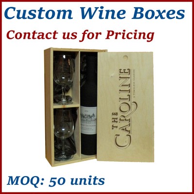 Natural Custom 1 Bottle & 2 Glasses Slide-Top Wood Wine Box - or for any products