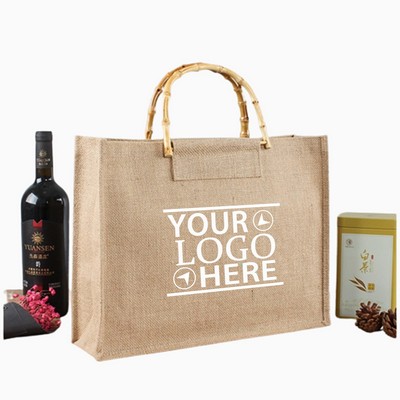 Burlap Tote Bag With Bamboo Handle