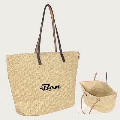 Zipper Top Large Straw Tote Bag