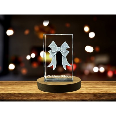 Radiant Christmas Ribbon 3D Engraved Crystal Decoration w/LED Base