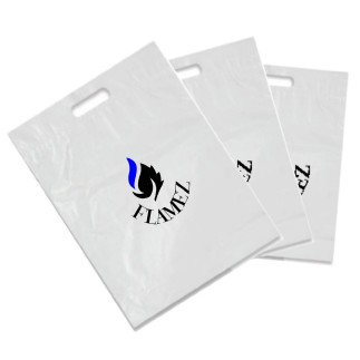 1.35 Mil Recycled White Fold Over Die Cut Handle Printed Bag 2C2S (11"x15"x2")
