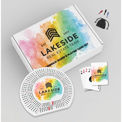 Boxed Cribbage Board & Playing Card Gift Sets - 11" round PVC