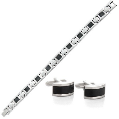 Black Checkered Bracelet and Cufflink Set W/ Color Medallion