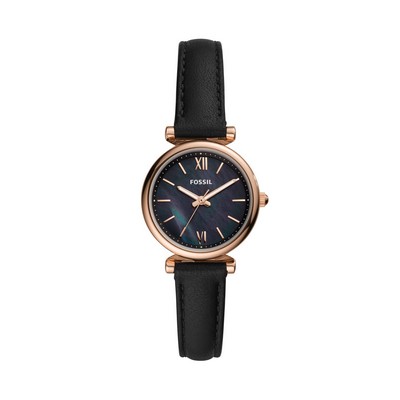Fossil Ladies Carlie Mini Rose Gold & Black Leather Strap Watch Black Dial