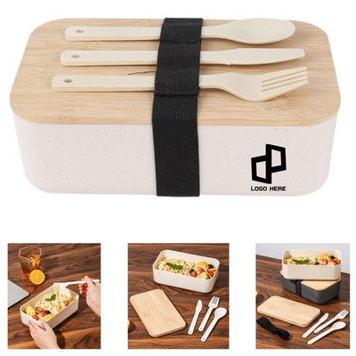Pp Plastic Bento Box W/ Cutlery and Bamboo Lid