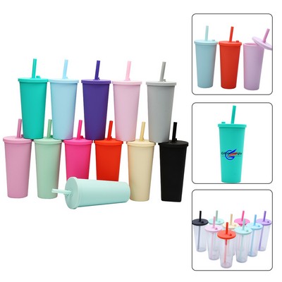 24 Oz Reusable Plastic Insulated Tumblers With Straw