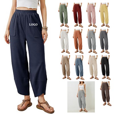 Elastic Waisted Palazzo Pants with Pockets