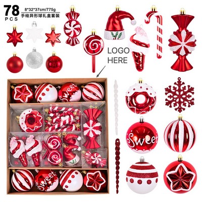 78PCS Christmas Ornament Set Plastic Painted Balls Hats Decorations Gift Box