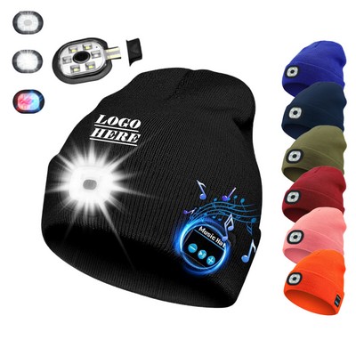 Unisex Knit Beanie with Wireless Headphones & Built-in LED Flashlight