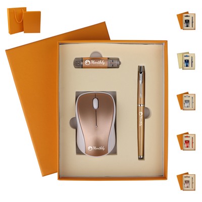 3-in-1 Gift Set W/Sign Pen, USB Drive,Wireless Mouse