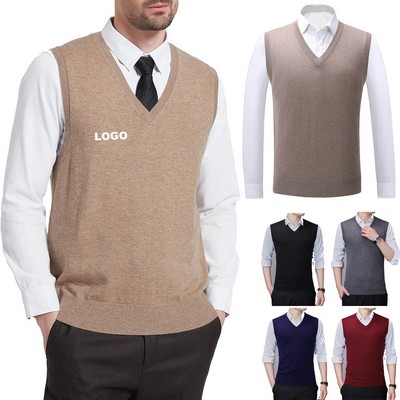 Custom Men's V-Neck SweaterSleeveless Knitted Pullover Wool Blended Vest
