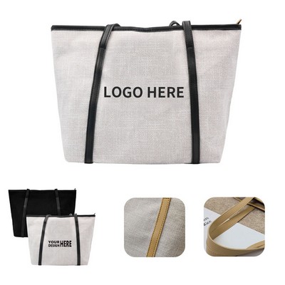 Elegant Canvas Shoulder Tote with Leather Grip