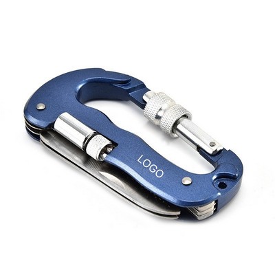 Multifunctional Aluminum Alloy D Shape Carabiner with LED Light Rope Hook and Folding Knife