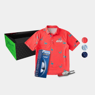 YATTA Golf® Flamingo Men's Polo Shirt, Srixon® Golf Balls & Pitchfix® Icon Divot Tool Gift Set