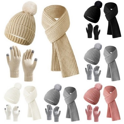 3-Pack Winter Warm Beanie Hat Scarf Touchscreen Gloves Set
