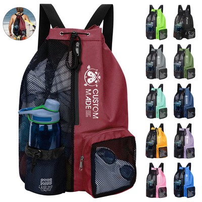 Foldable Nylon Mesh Polyester Gym Drawstring Sports Backpack With Bottle Holder