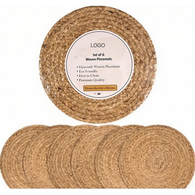 6pcs Set Natural Water Hyacinth Placemat Round Heat-Resistant Table Mat Coaster Eco-Friendly