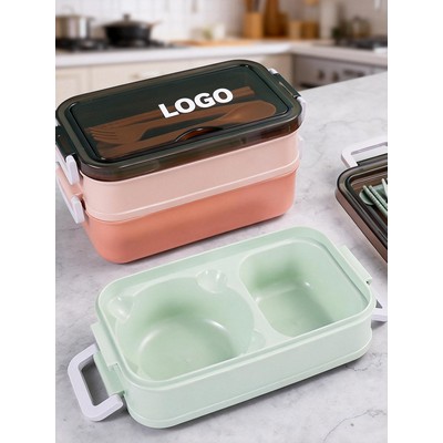 Double Layer Microwave Safe Lunch Box With Built In Utensils-Ocean