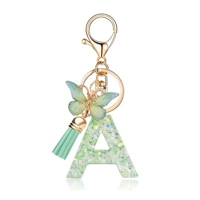 26 Alphabet Letter Keychain Green Butterfly Resin Charm Dried Flower & Glitter Drip Glue Keyring