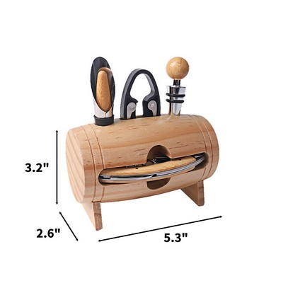 Wooden Barrel Wine Accessory Set with Corkscrew Stopper Foil Cutter