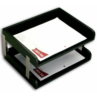 Classic Black Leather Double Side-Load Letter Trays w/Gold Posts