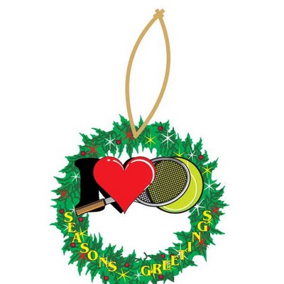 I Love Tennis w/ Racket Wreath Ornament w/ Clear Mirrored Back (3 Square Inch)