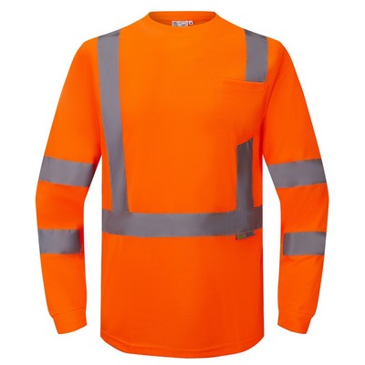3C Products ANSI 107-2015 Class 3 Long Sleeve Safety T-Shirt Neon Orange With Pocket