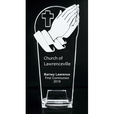 VALUE LINE! Acrylic Engraved Award - 8" Tall - Praying Hands with Key Stand