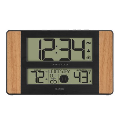 Atomic Digital Wall Clock w/Temperature & Moon Phase (Oak/Black)