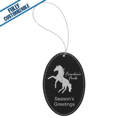 Black & Silver Leatherette - Ornament With Silver String - Oval