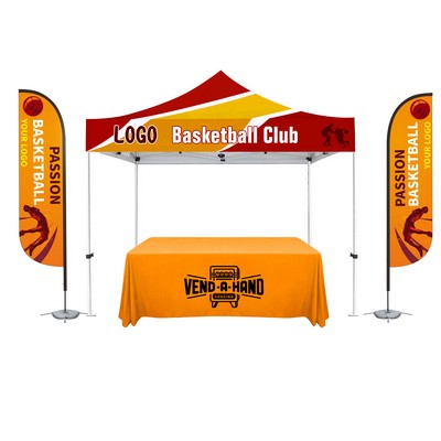 10'X10' Deluxe White Steel Frame, Dye Sub Canopy, Two 11' Feather Flag & 6' Custom Table Throw