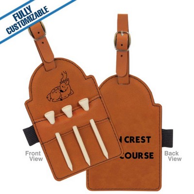 Saddle Tan Leatherette - 5X3.25" Golf Bag Tag With 3 Wooden Tees