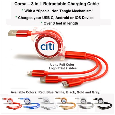 Corsa 3" 1 Retractable Charging Cable - Red