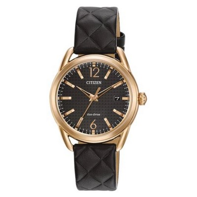 Citizen® Ladies' LTR Eco-Drive® Rose Gold-Tone Case Watch w/Black Dial & Black Strap