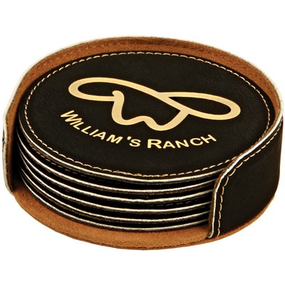 4" Black/Gold Round Leatherette 6-Coaster Set