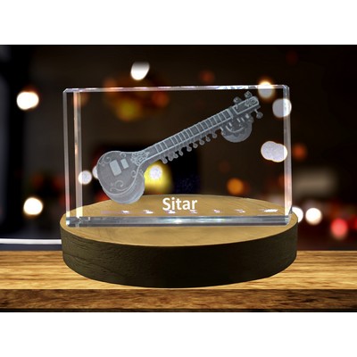 Sitar 3D Engraved Crystal Trophy Award w/LED Base - Gift for Musicians
