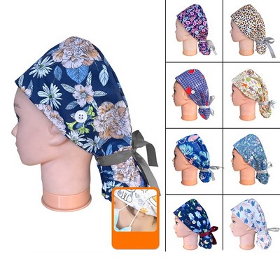 Cotton Ribbon Tie Ponytail Scrub Cap With Side Buttons