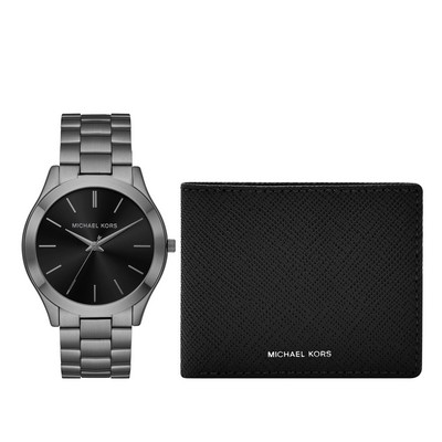 Michael Kors Mens Oversized Slim Runway Gunmetal Watch & Jet Set Leather Wallet Gift Set
