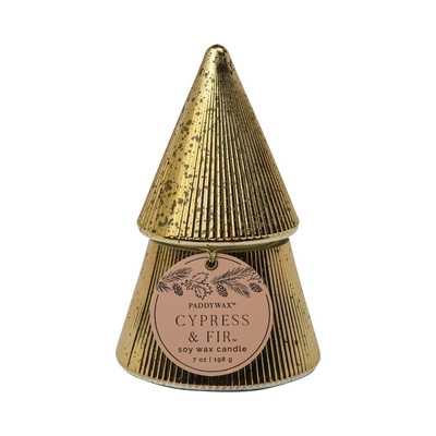 Gold Ribbed Mercury Stacked Tree Candle - Cypress & Fir