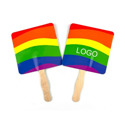 7" Custom Rainbow Advertising Paper Handheld Fan w/Wooden Handle