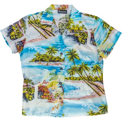 Ladies Hawaiian Blouse (DEEP INVENTORY) - 100% Silky Rayon Tropical Print w/ Coconut Buttons XS-XXL