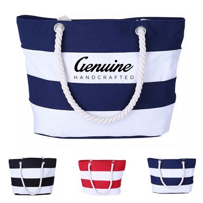 Burlap Rope Strap Striped Patchwork Tote Bag