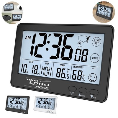 Multifunctional Atomic Wall Desk Clock with Auto Time Sync, Temperature Humidity Display, Backlight.