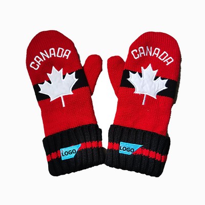Knitted Warm Gloves with Maple Leaf Embroidery