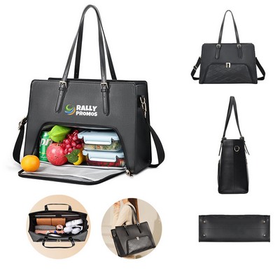 PU Leather Laptop Tote Bag with Insulated Lunch Compartment